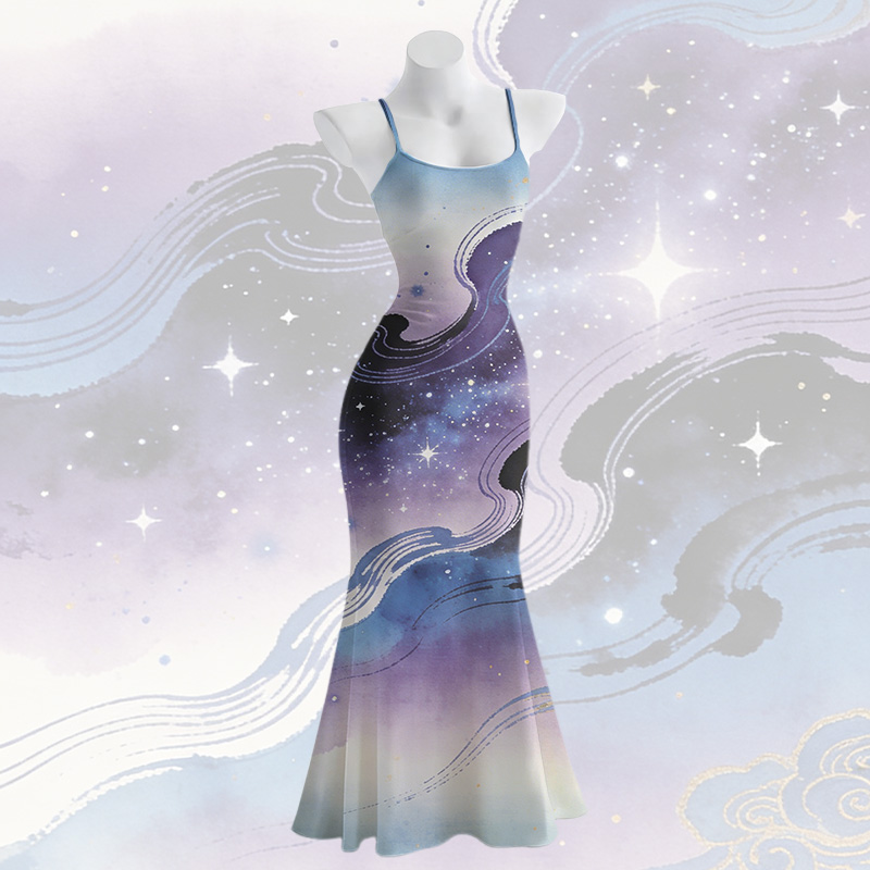 Maxikleid im Meerjungfrauenstil mit Galaxien-Grafik und Spaghettiträgern - image 1