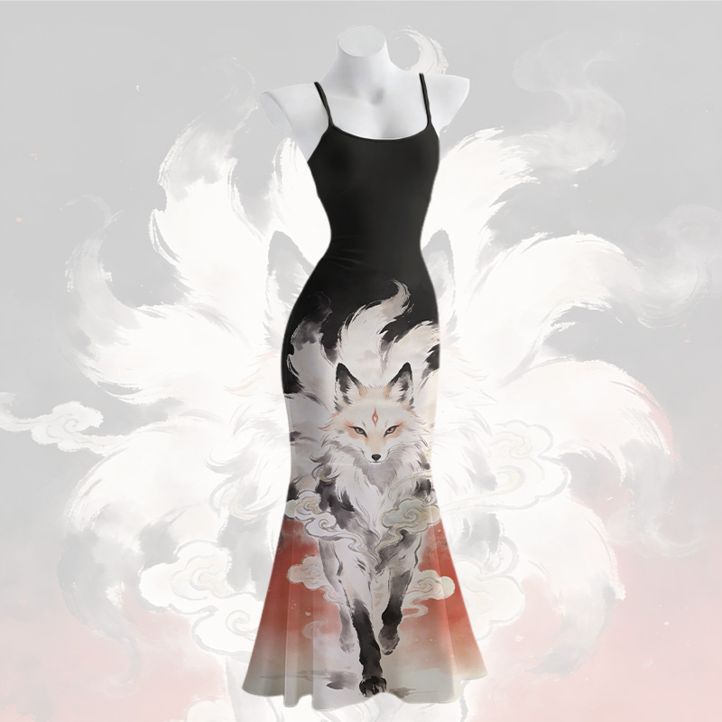 Maxikleid im Meerjungfrauenstil mit neunschwänzigem Fuchs-Motiv und Spaghettiträgern - Black - 5XL - image 2