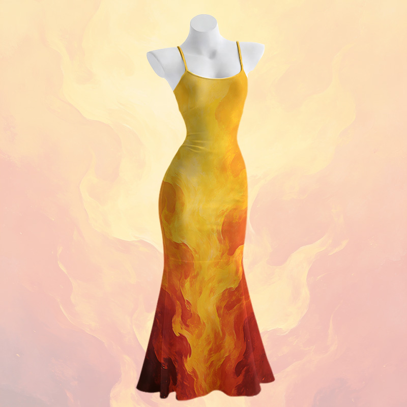 Maxikleid im Meerjungfrauenstil mit Farbverlauf und Flammenmuster, Spaghettiträgern - Yellow - 5XL - image 2
