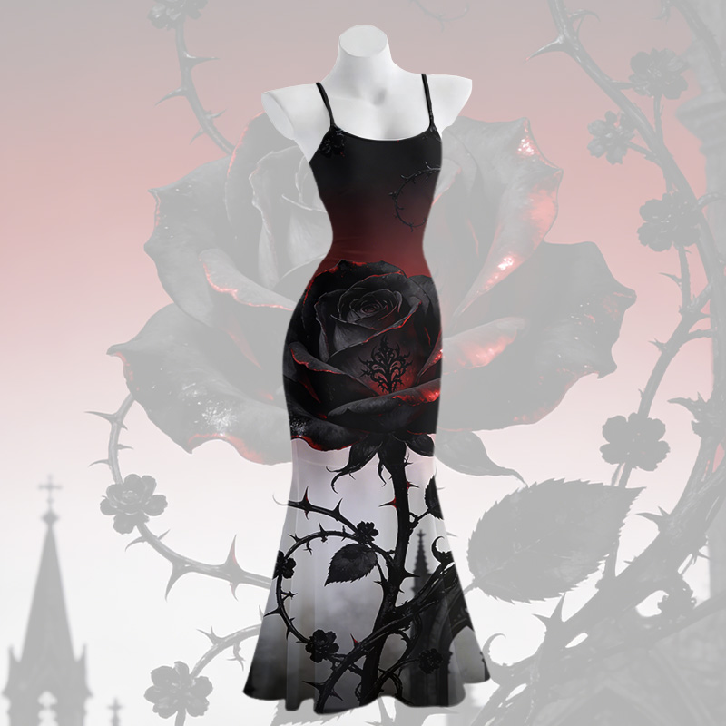 Gothic Rose Graphic Spaghetti Strap Maxi Mermaid Dress - Black - 5XL - image 2