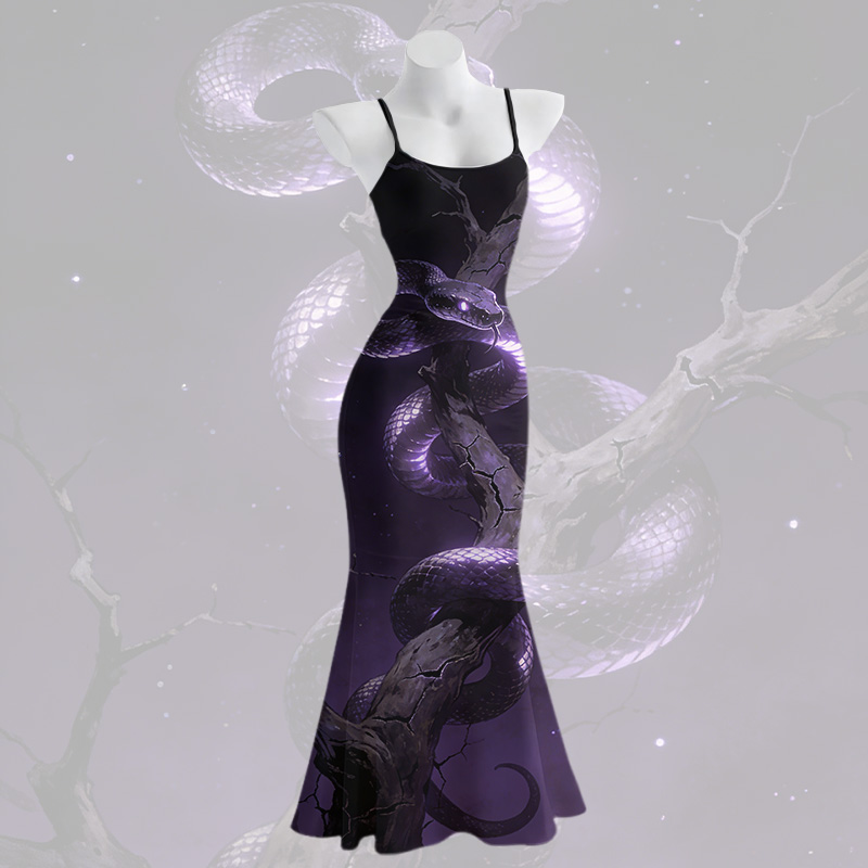 Maxikleid im Meerjungfrauenstil mit Schlangenmuster und Spaghettiträgern - Purple - 5XL - image 2