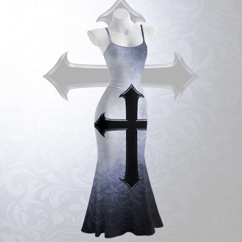 Gothic Cross Graphic Spaghetti Strap Maxi Mermaid Dress - Blue - 5XL - image 2