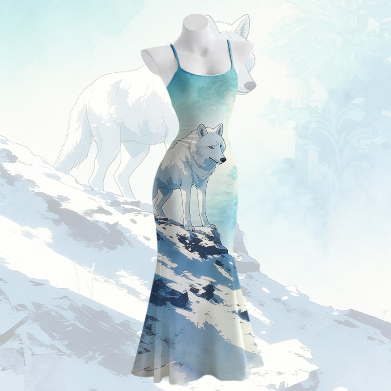 Maxikleid im Meerjungfrauenstil mit Wolfsmotiv und Spaghettiträgern - Blue - 5XL - image 2