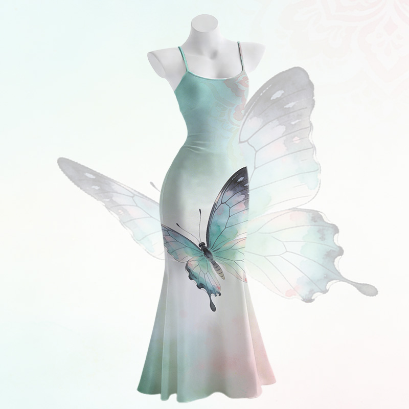 Maxikleid im Meerjungfrauenstil mit Schmetterlingsmotiv und Spaghettiträgern - Green - 5XL - image 2