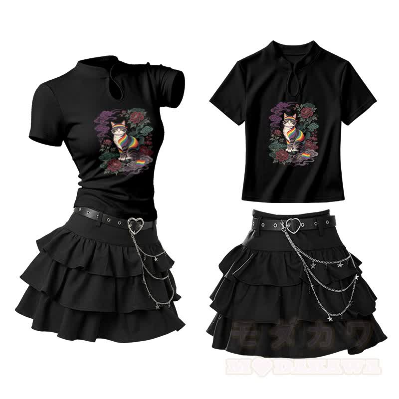 Regenbogenrosen-Katzen-Motiv, Vintage-Schnallen-T-Shirt, Rüschen-Minirock, zweiteiliges Set - Schwarz - L - image 2