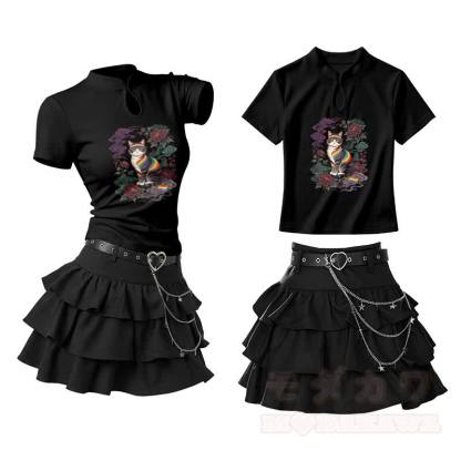 Regenbogenrosen-Katzen-Motiv, Vintage-Schnallen-T-Shirt, Rüschen-Minirock, zweiteiliges Set - Schwarz - L - image 2