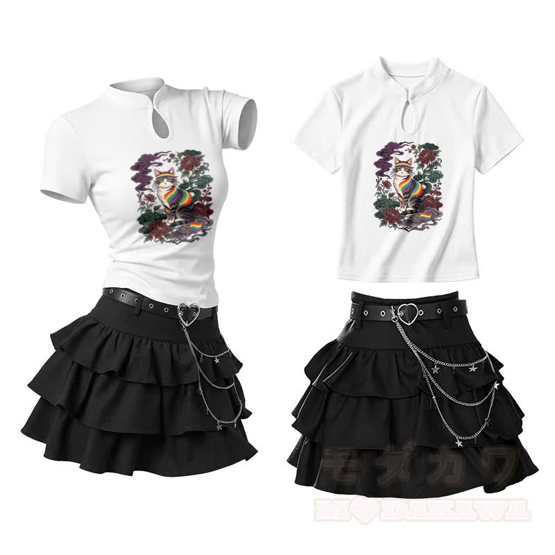 Regenbogenrosen-Katzen-Motiv, Vintage-Schnallen-T-Shirt, Rüschen-Minirock, zweiteiliges Set - Weiß - L - image 1