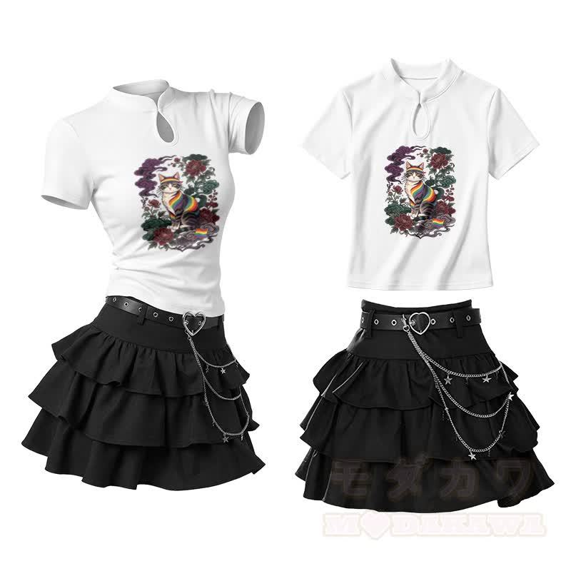 Regenbogenrosen-Katzen-Motiv, Vintage-Schnallen-T-Shirt, Rüschen-Minirock, zweiteiliges Set - Weiß - L - image 1
