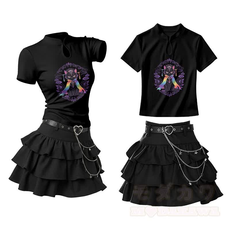Zweiteiliges Set: T-Shirt mit Vintage-Schnalle und Rüschen-Minirock mit mystischem schwarzen Katzenmotiv, Vintage-Schnalle und passendem Rüschen-Minirock - Schwarz - L - image 2