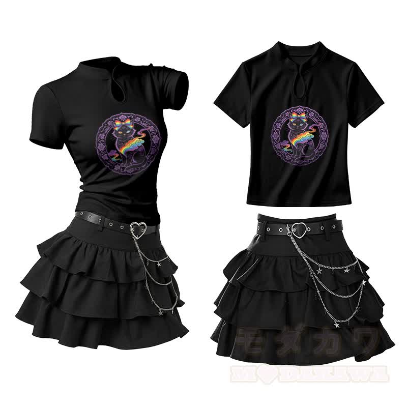 Zweiteiliges Set: T-Shirt mit Schleife, schwarzer Katze, Grafik, Vintage-Schnalle, Rüschen-Minirock - Schwarz - L - image 2