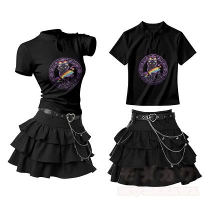 Zweiteiliges Set: T-Shirt mit Schleife, schwarzer Katze, Grafik, Vintage-Schnalle, Rüschen-Minirock - Schwarz - L - image 2