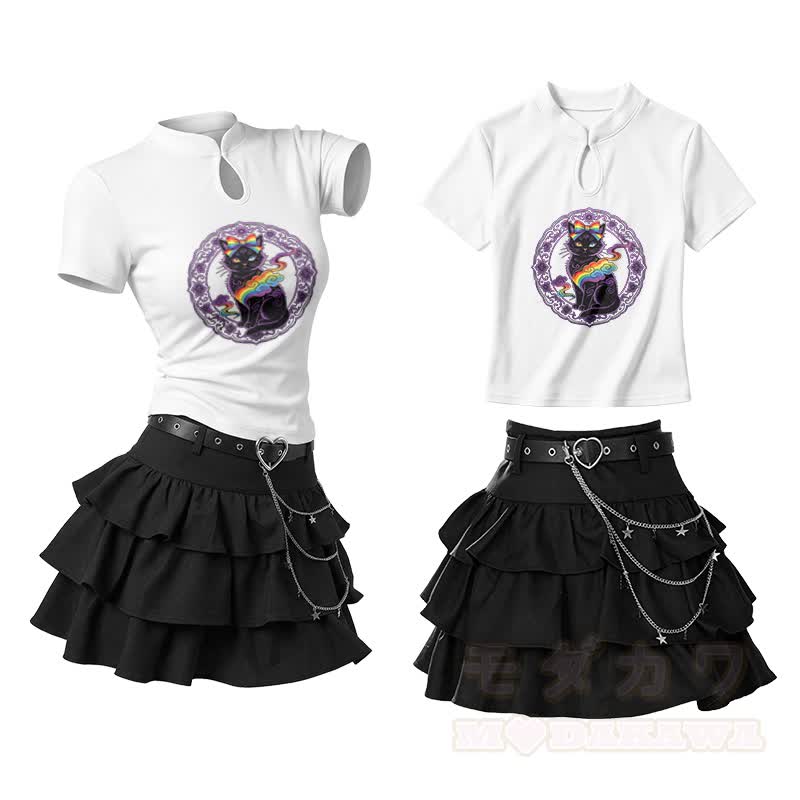 Zweiteiliges Set: T-Shirt mit Schleife, schwarzer Katze, Grafik, Vintage-Schnalle, Rüschen-Minirock - Weiß - L - image 1