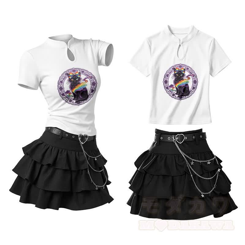 Zweiteiliges Set: T-Shirt mit Schleife, schwarzer Katze, Grafik, Vintage-Schnalle, Rüschen-Minirock - Weiß - L - image 1
