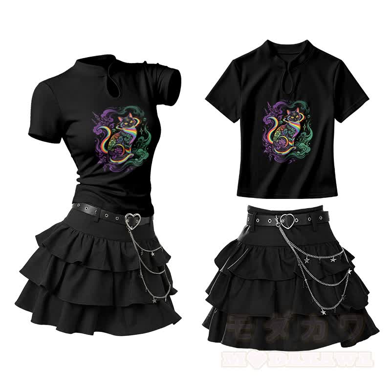 Zweiteiliges Set: Regenbogenkatzen-Motiv, Vintage-Schnallen-T-Shirt, Rüschen-Minirock - Schwarz - L - image 2