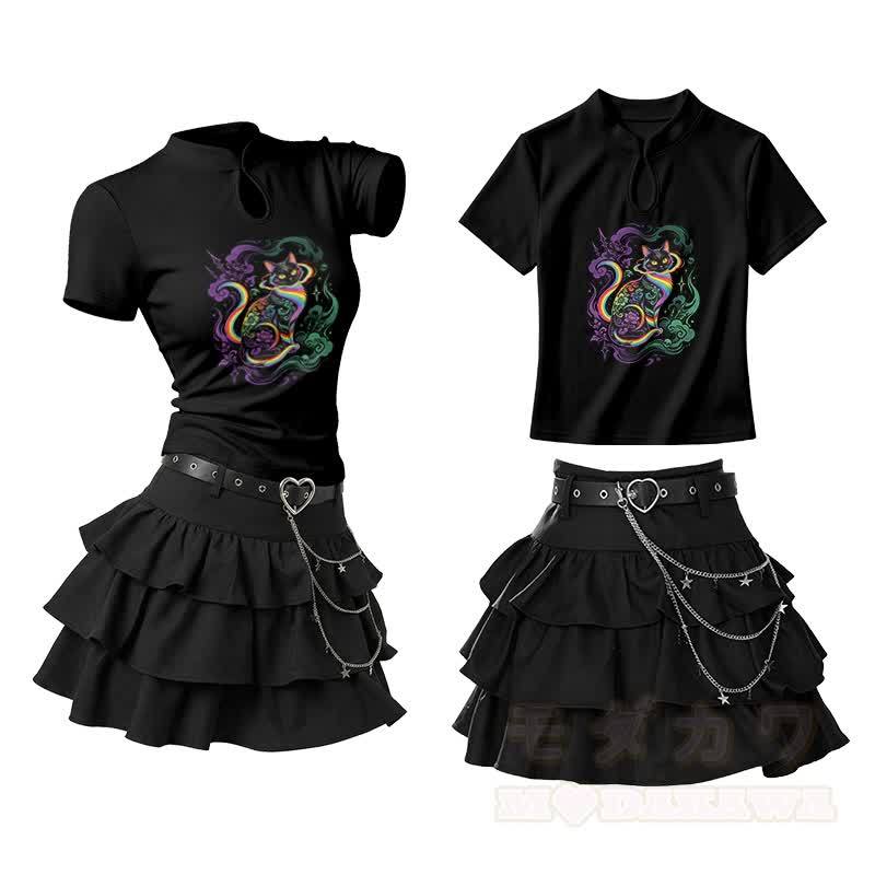 Zweiteiliges Set: Regenbogenkatzen-Motiv, Vintage-Schnallen-T-Shirt, Rüschen-Minirock - Schwarz - L - image 2