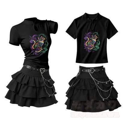 Zweiteiliges Set: Regenbogenkatzen-Motiv, Vintage-Schnallen-T-Shirt, Rüschen-Minirock - Schwarz - L - image 2