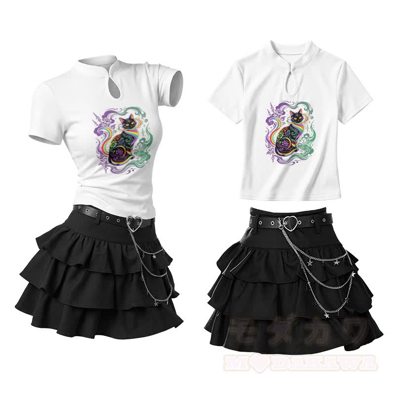 Zweiteiliges Set: Regenbogenkatzen-Motiv, Vintage-Schnallen-T-Shirt, Rüschen-Minirock - Weiß - L - image 1
