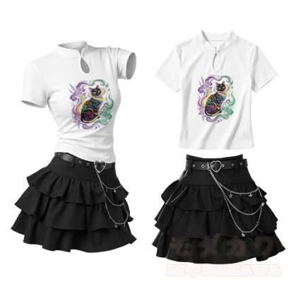 Zweiteiliges Set: Regenbogenkatzen-Motiv, Vintage-Schnallen-T-Shirt, Rüschen-Minirock - Weiß - L - image 1