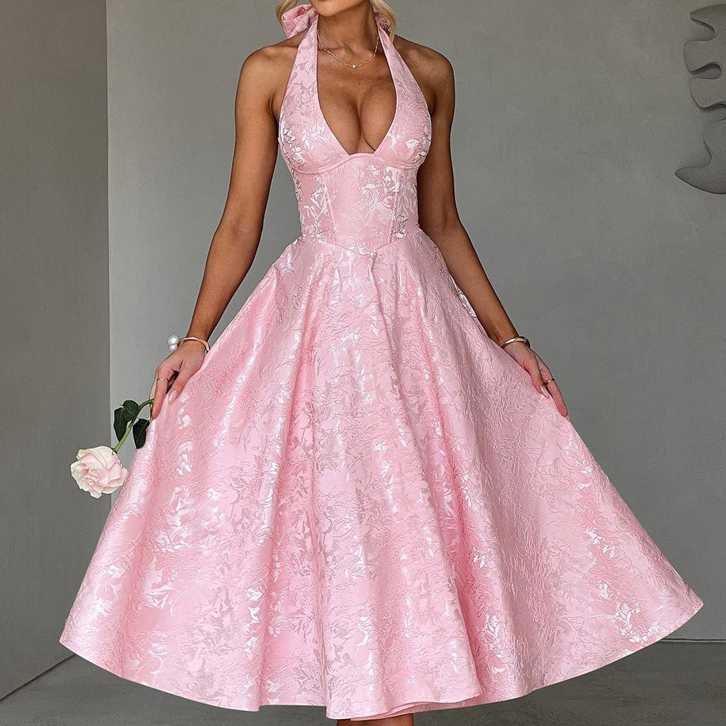 Jacquardkleid mit V-Ausschnitt und Neckholder - image 3
