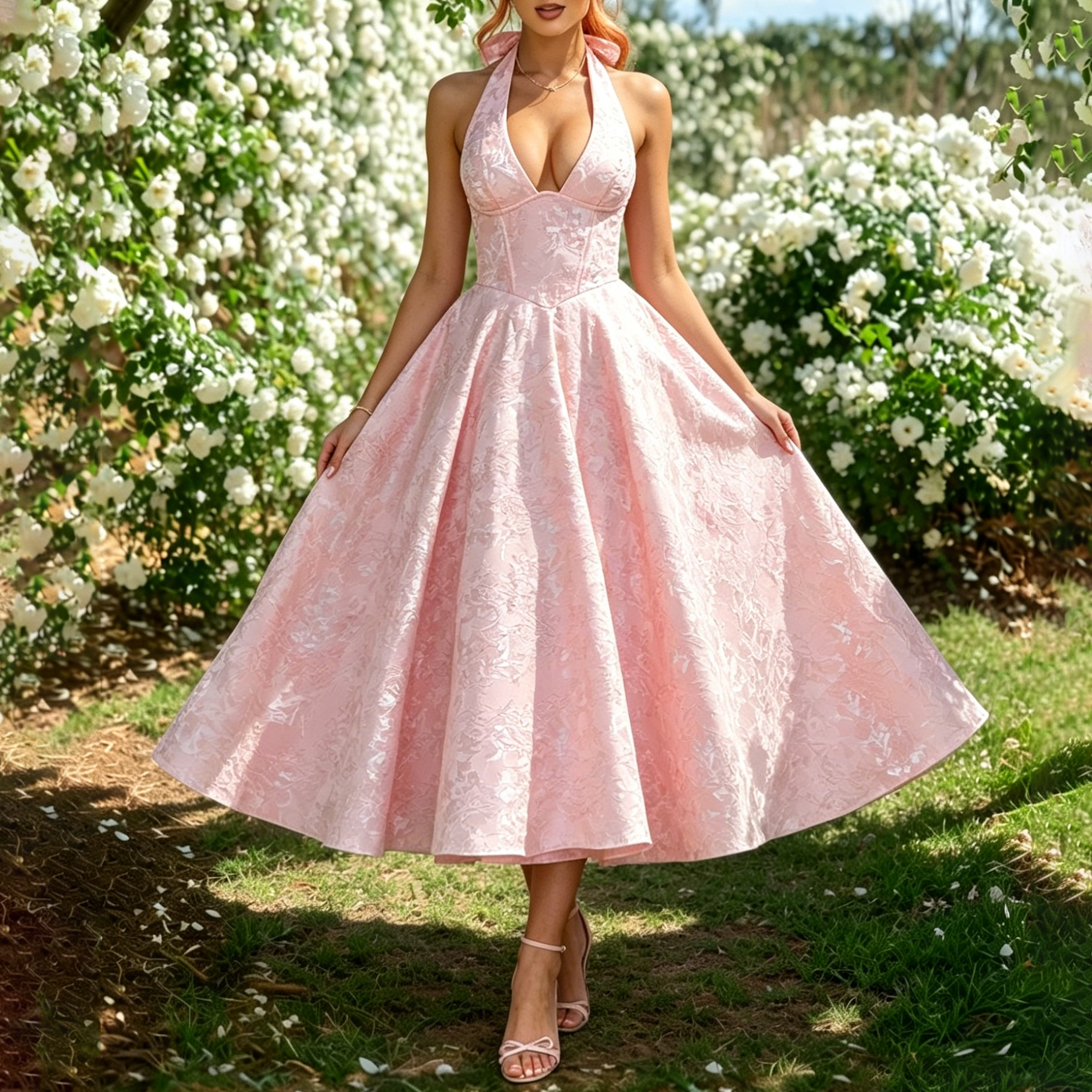 Jacquardkleid mit V-Ausschnitt und Neckholder - Pink - XL - image 1