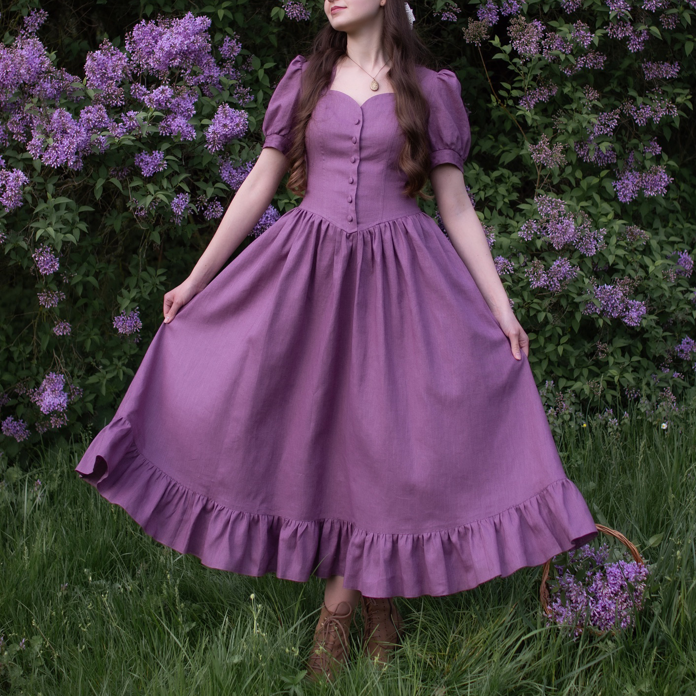 Vintage Maxikleid mit Puffärmeln und Herzausschnitt - Purple - L - image 1