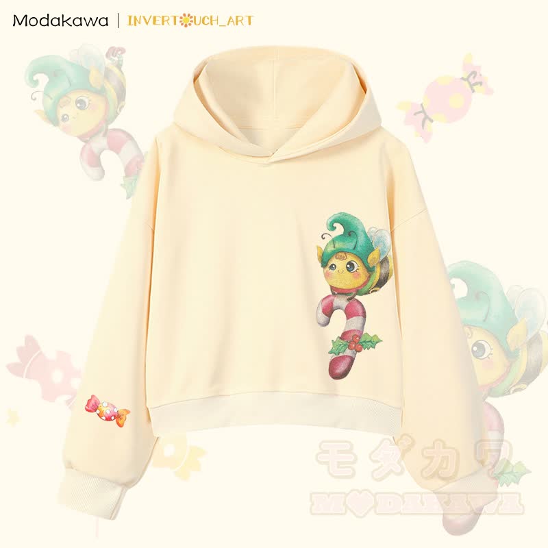 MODAKAWA X INVERTOUCH_ART Niedlicher Weihnachtsbienen-Hoodie Modakawa Cropped Cotton Hoodie - Aprikose A - 3XL - image 13