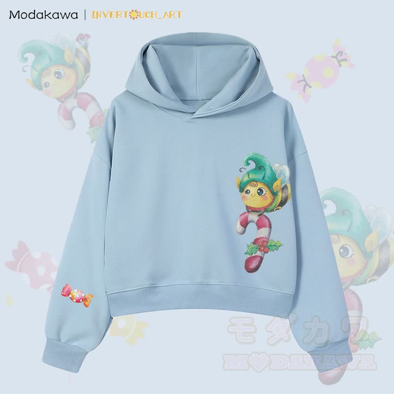 MODAKAWA X INVERTOUCH_ART Niedlicher Weihnachtsbienen-Hoodie Modakawa Cropped Cotton Hoodie - Blau A - 3XL - image 1