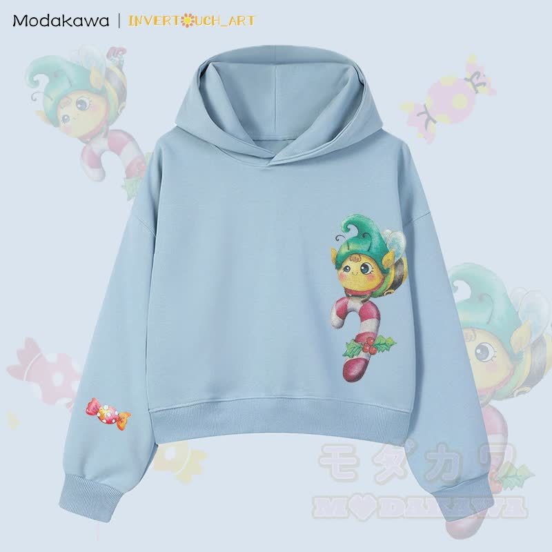 MODAKAWA X INVERTOUCH_ART Niedlicher Weihnachtsbienen-Hoodie Modakawa Cropped Cotton Hoodie - Blau A - 3XL - image 1