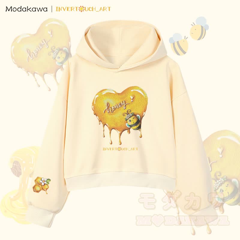 MODAKAWA X INVERTOUCH_ART Honigbienen-Grafik Modakawa Cropped Cotton Hoodie - Aprikose B - 3XL - image 2