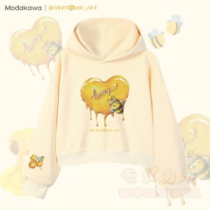 MODAKAWA X INVERTOUCH_ART Honigbienen-Grafik Modakawa Cropped Cotton Hoodie - Aprikose B - 3XL - image 2
