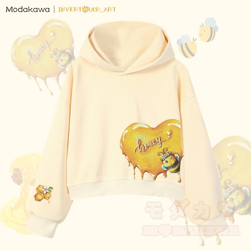 MODAKAWA X INVERTOUCH_ART Honigbienen-Grafik Modakawa Cropped Cotton Hoodie - Aprikose A - 3XL - image 1