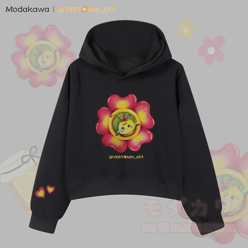MODAKAWA X INVERTOUCH_ART Flower Bee Graphic Modakawa Cropped Cotton Hoodie - Schwarz B - 3XL - image 2