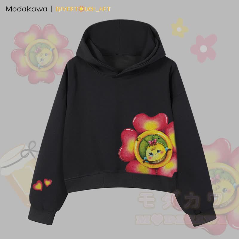 MODAKAWA X INVERTOUCH_ART Flower Bee Graphic Modakawa Cropped Cotton Hoodie - Schwarz A - 3XL - image 1