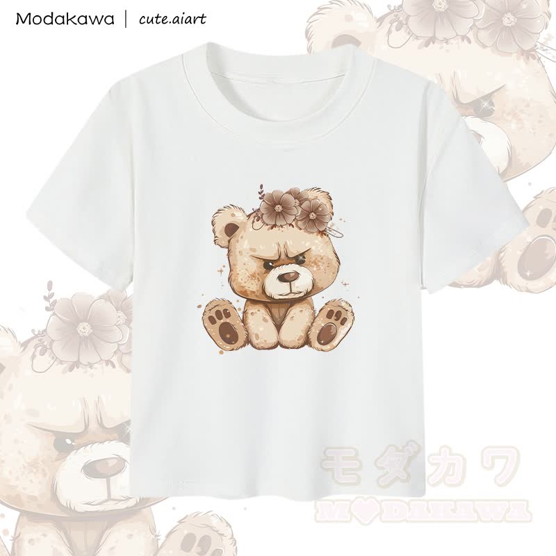 MODAKAWA X cute.aiart Crop-Top für Damen mit Blumen- und Bärenmotiv, 92 % gekämmte Baumwolle - Weiß - XL - image 2