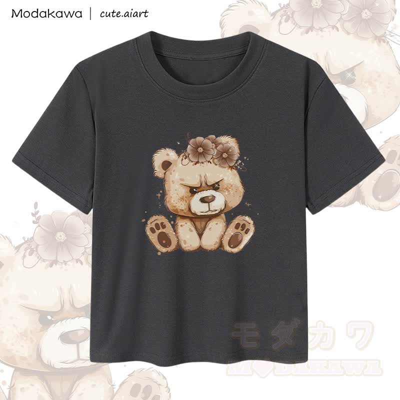 MODAKAWA X cute.aiart Crop-Top für Damen mit Blumen- und Bärenmotiv, 92 % gekämmte Baumwolle - Schwarz - XL - image 1