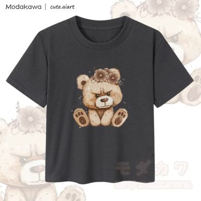 MODAKAWA X cute.aiart Crop-Top für Damen mit Blumen- und Bärenmotiv, 92 % gekämmte Baumwolle - Schwarz - XL - image 1