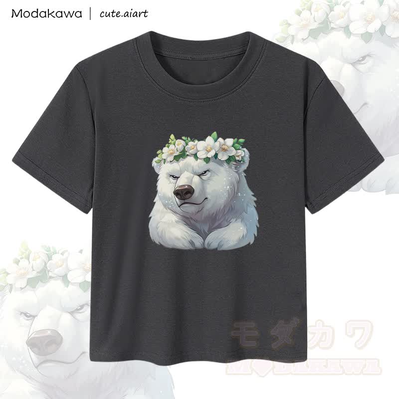 MODAKAWA X cute.aiart Crop-Top für Damen mit floralem Eisbären-Motiv, 92 % gekämmte Baumwolle - Schwarz - XL - image 2