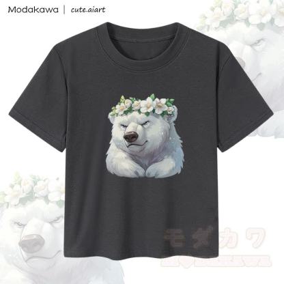MODAKAWA X cute.aiart Crop-Top für Damen mit floralem Eisbären-Motiv, 92 % gekämmte Baumwolle - Schwarz - XL - image 2