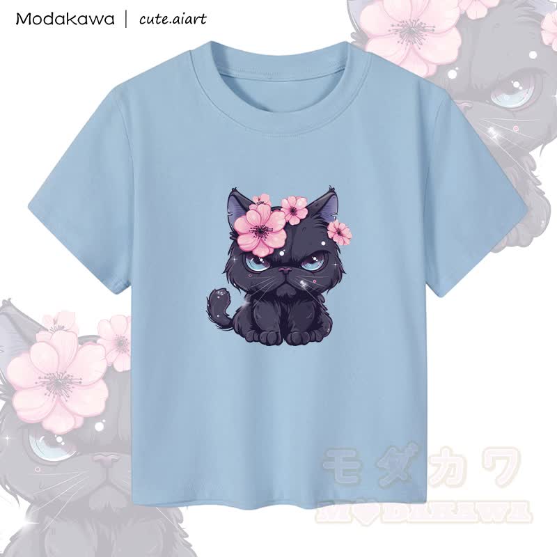 MODAKAWA X cute.aiart Crop-Top für Damen mit Blumen-Katzenmotiv, 92 % gekämmte Baumwolle - Blau - XL - image 2