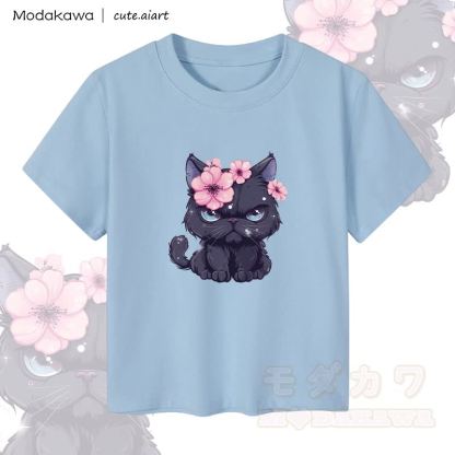 MODAKAWA X cute.aiart Crop-Top für Damen mit Blumen-Katzenmotiv, 92 % gekämmte Baumwolle - Blau - XL - image 2