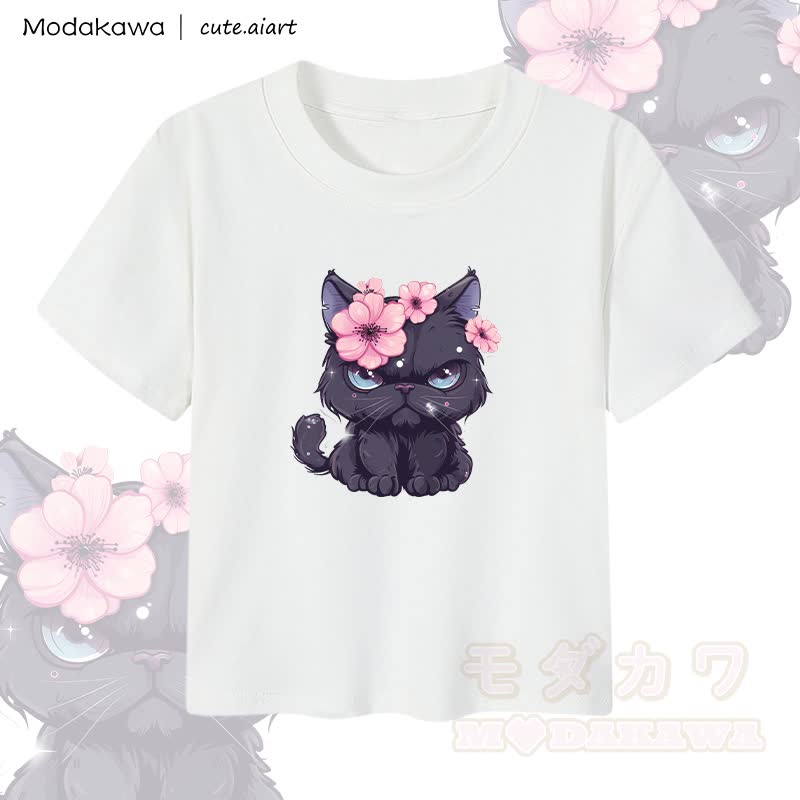 MODAKAWA X cute.aiart Crop-Top für Damen mit Blumen-Katzenmotiv, 92 % gekämmte Baumwolle - Weiß - XL - image 1