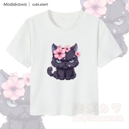 MODAKAWA X cute.aiart Crop-Top für Damen mit Blumen-Katzenmotiv, 92 % gekämmte Baumwolle - Weiß - XL - image 1