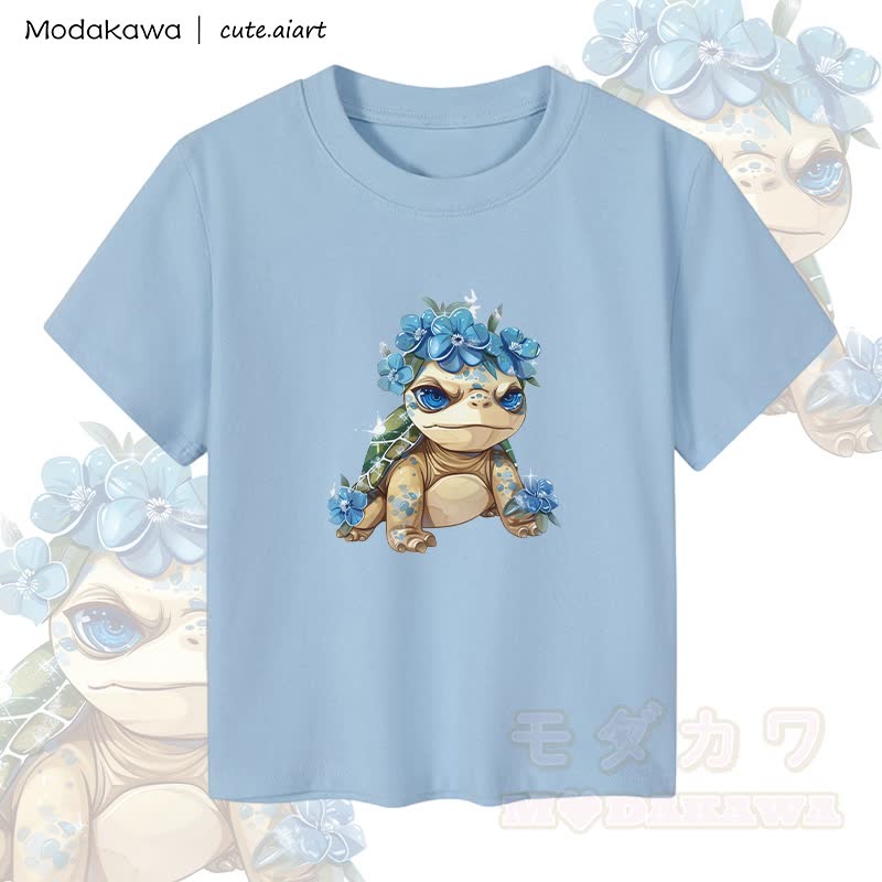 MODAKAWA X cute.aiart Crop-Top für Damen mit floralem Schildkrötenmotiv, 92 % gekämmte Baumwolle - Blau - XL - image 3