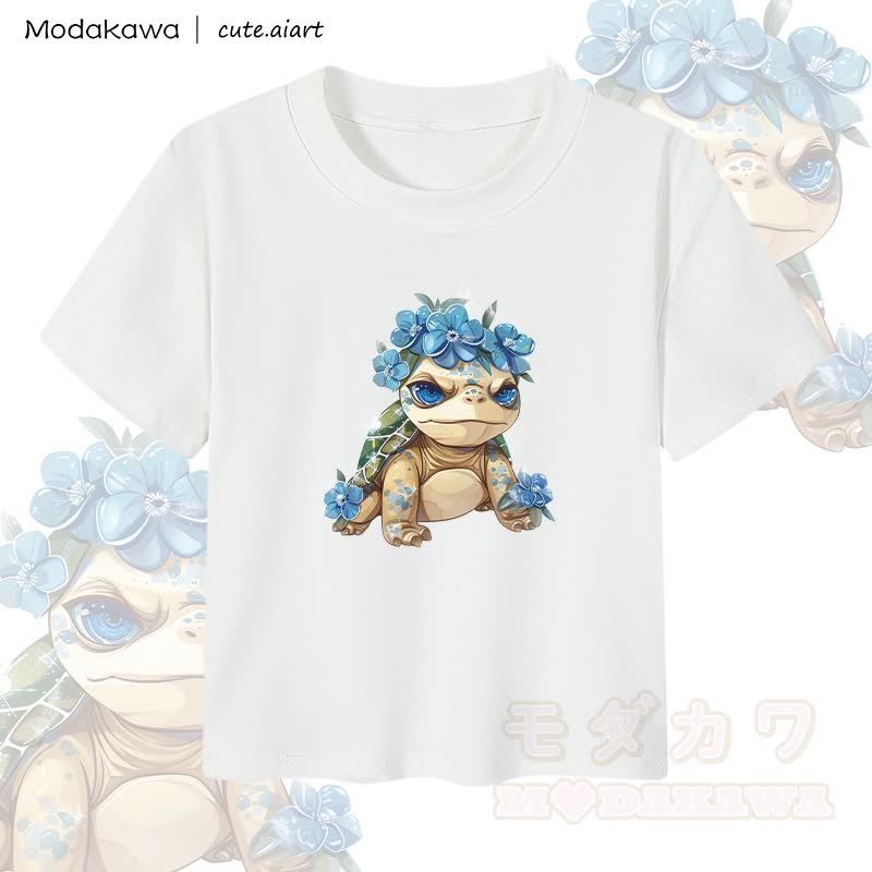 MODAKAWA X cute.aiart Crop-Top für Damen mit floralem Schildkrötenmotiv, 92 % gekämmte Baumwolle - Weiß - XL - image 2