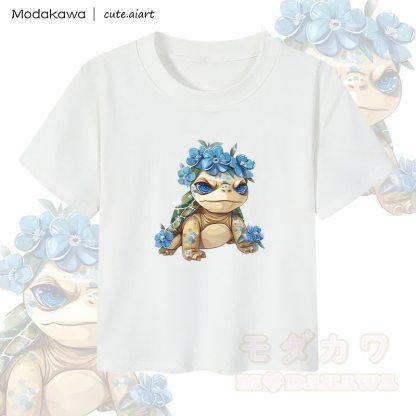 MODAKAWA X cute.aiart Crop-Top für Damen mit floralem Schildkrötenmotiv, 92 % gekämmte Baumwolle - Weiß - XL - image 2