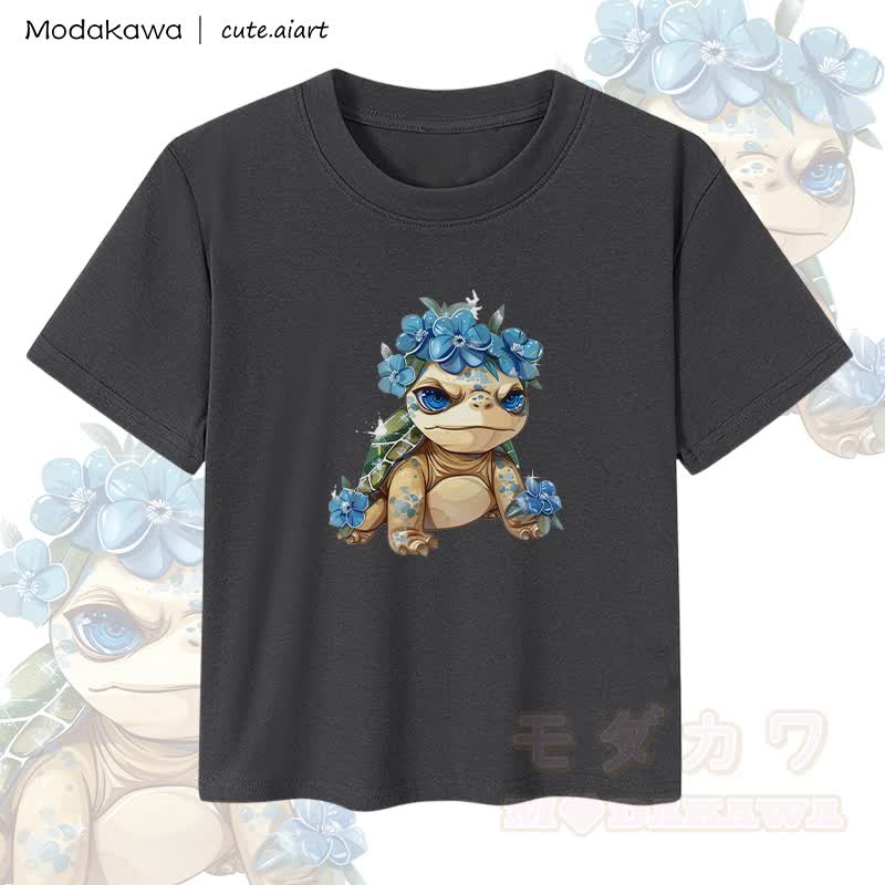 MODAKAWA X cute.aiart Crop-Top für Damen mit floralem Schildkrötenmotiv, 92 % gekämmte Baumwolle - Schwarz - XL - image 1