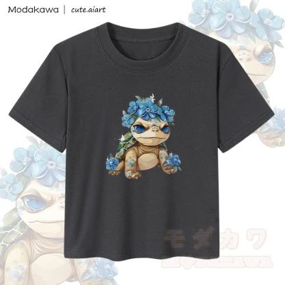 MODAKAWA X cute.aiart Crop-Top für Damen mit floralem Schildkrötenmotiv, 92 % gekämmte Baumwolle - Schwarz - XL - image 1