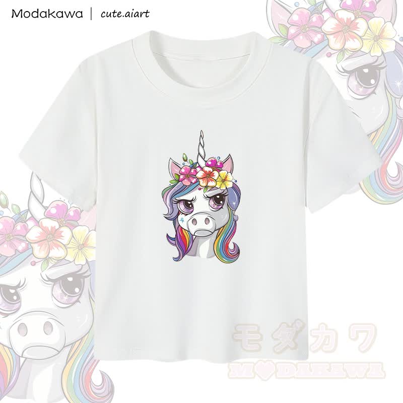 MODAKAWA X cute.aiart Damen-Crop-Top mit Grumpy Unicorn Grafik, 92 % gekämmte Baumwolle - Weiß - XL - image 2