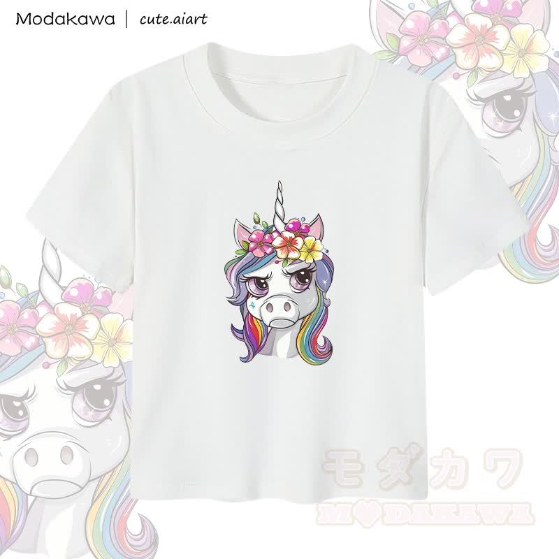 MODAKAWA X cute.aiart Damen-Crop-Top mit Grumpy Unicorn Grafik, 92 % gekämmte Baumwolle - Weiß - XL - image 2