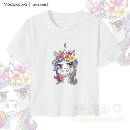 MODAKAWA X cute.aiart Damen-Crop-Top mit Grumpy Unicorn Grafik, 92 % gekämmte Baumwolle - Weiß - XL - image 2